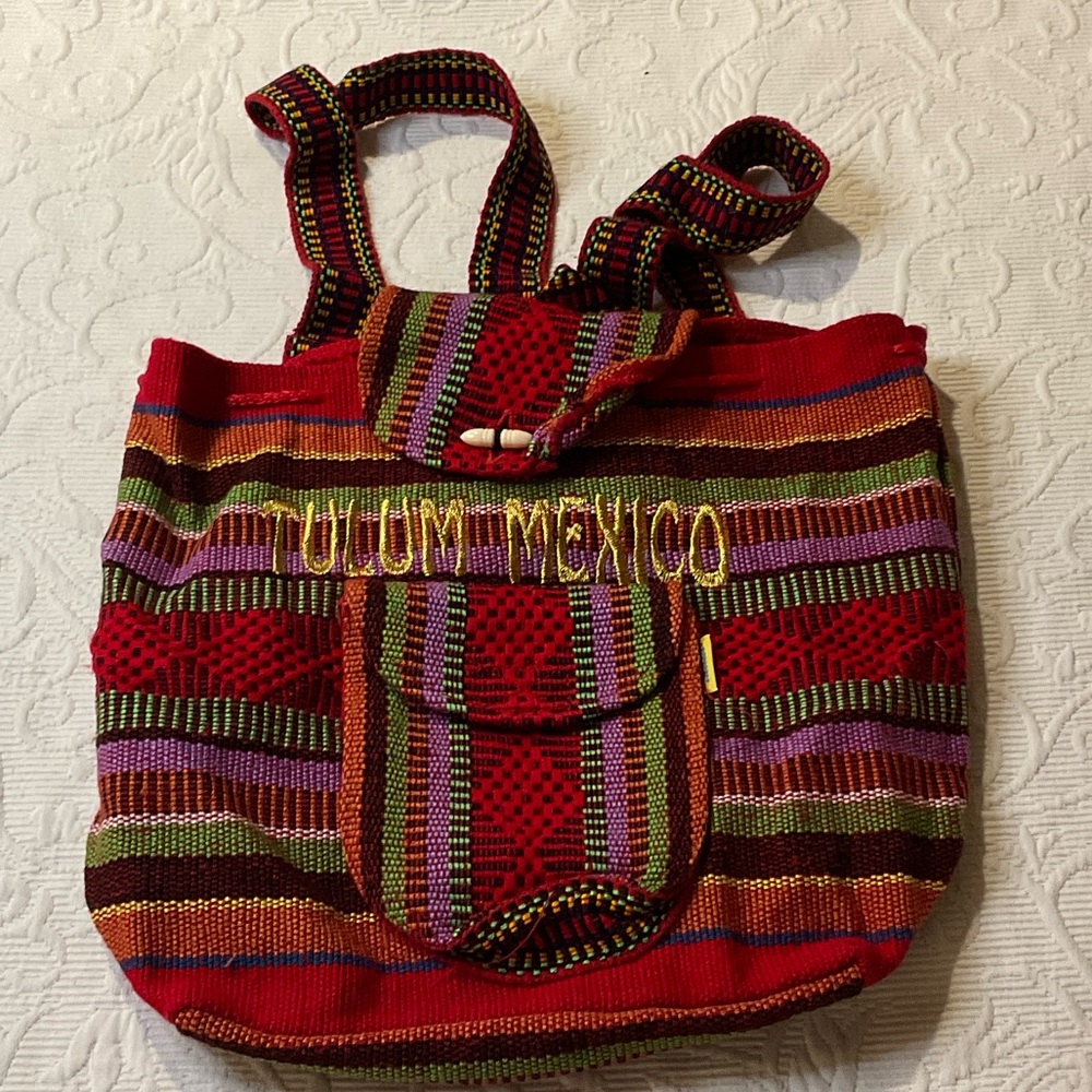 Tulum Mexico Red Striped Woven Tote Bag
